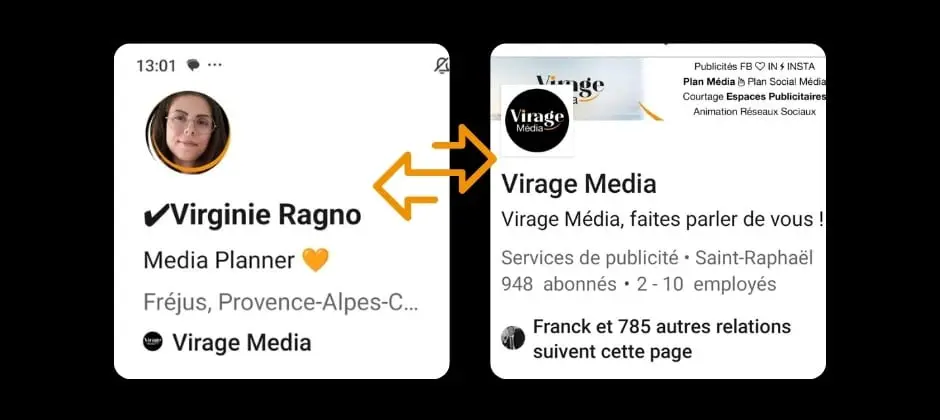Visuel comparant un profil LinkedIn personnel et une page entreprise LinkedIn, avec une flèche illustrant la différence entre communication via dirigeant et via page de marque.
