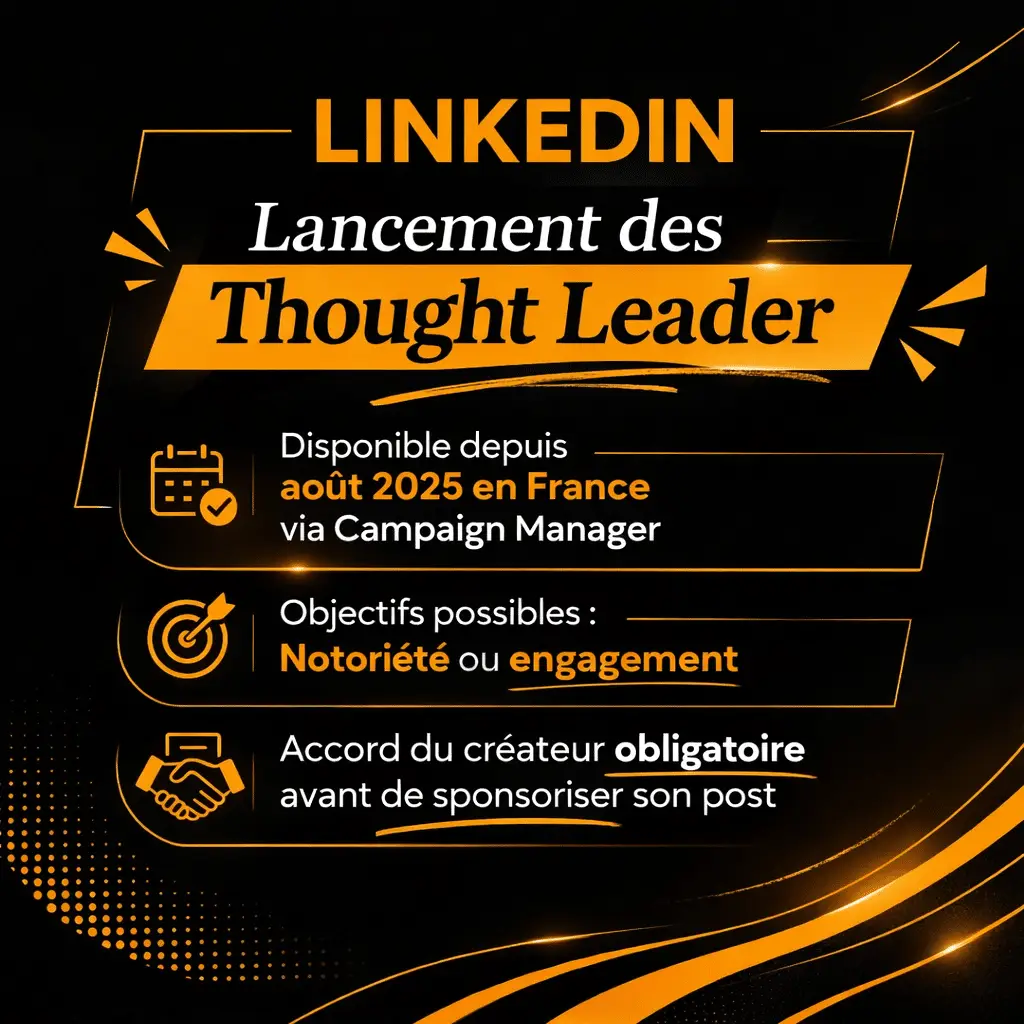 Infographie annonçant le lancement des Thought Leader Ads sur LinkedIn en France depuis août 2025, précisant les objectifs possibles (notoriété ou engagement) et l’accord obligatoire du créateur avant sponsoring.