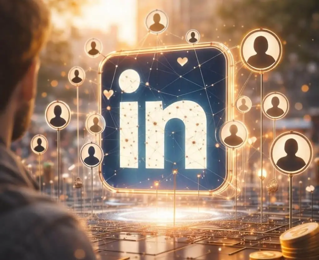 Illustration du logo LinkedIn entouré de profils connectés en réseau avec effets lumineux, symbolisant le personal branding, le marketing B2B et la génération de leads sur LinkedIn.