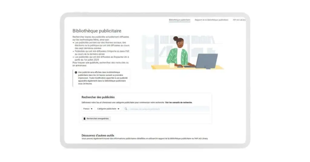 Interface de la bibliothèque publicitaire Meta permettant de rechercher les publicités actives par pays et annonceur.