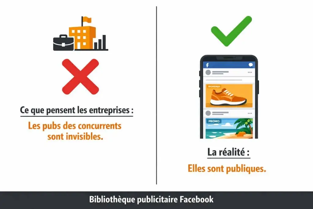 Comparaison montrant que les publicités Facebook des concurrents sont visibles publiquement via la bibliothèque publicitaire Meta.