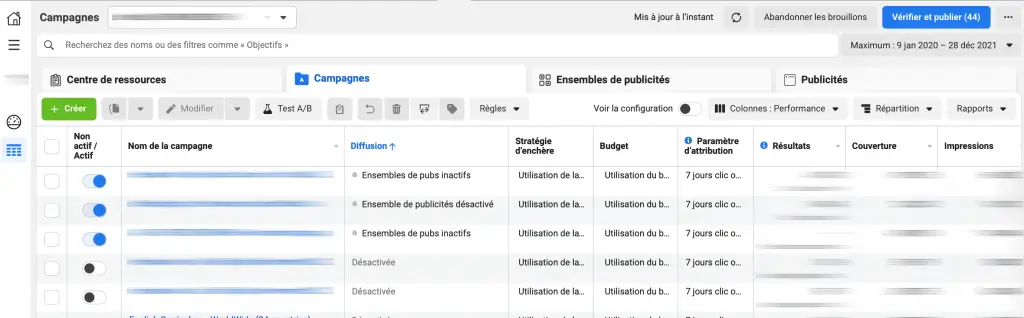 Interface du Gestionnaire de publicités Meta affichant les campagnes Facebook et Instagram, les ensembles de publicités et les indicateurs de performance.
