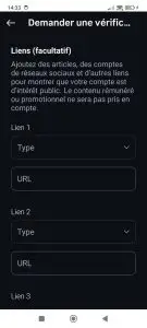 Formulaire de demande du badge bleu Instagram permettant d’ajouter des liens pour prouver la notoriété du compte.