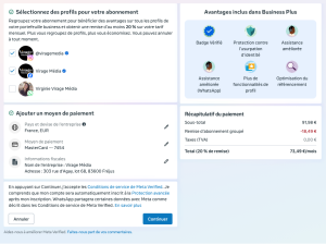 Écran Meta Verified Business Plus permettant de regrouper plusieurs profils professionnels dans un même abonnement.