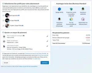 Écran Meta Verified Business Standard avec abonnement groupé pour les comptes Instagram, Facebook et WhatsApp.