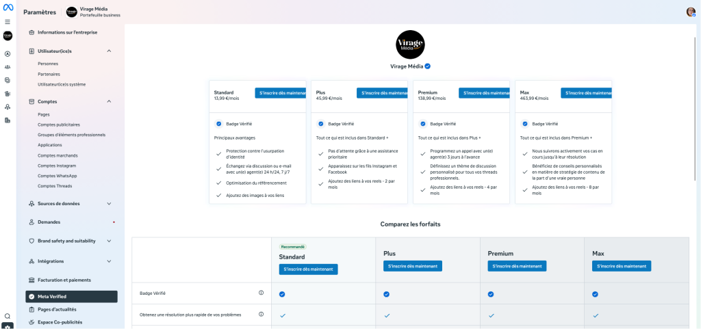 Comparatif des forfaits Meta Verified Business Standard, Plus, Premium et Max dans le portefeuille business Meta.