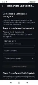 Première étape de la demande de vérification Instagram pour confirmer l’authenticité du compte avec des documents d’identification.