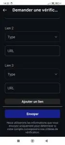 Formulaire de demande du badge bleu Instagram permettant d’ajouter des liens pour prouver la notoriété du compte.