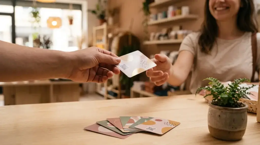 Commerçante remettant une carte de fidélité en PVC avec QR code à une cliente, au comptoir d'une boutique