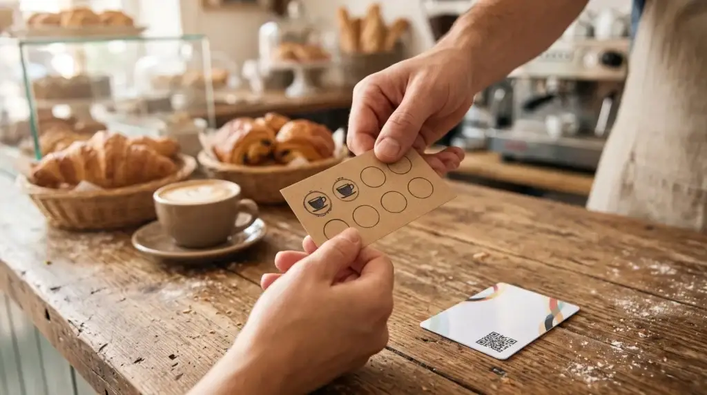 Carte de fidélité en carton avec deux tampons remise au comptoir d'une boulangerie, à côté d'une carte de fidélité en PVC avec QR code